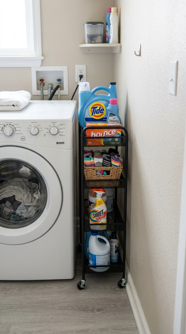 Small Laundry Room? 16 Organization Ideas That Help 9 008 Try Rolling Cart A narrow metal rolling cart squee