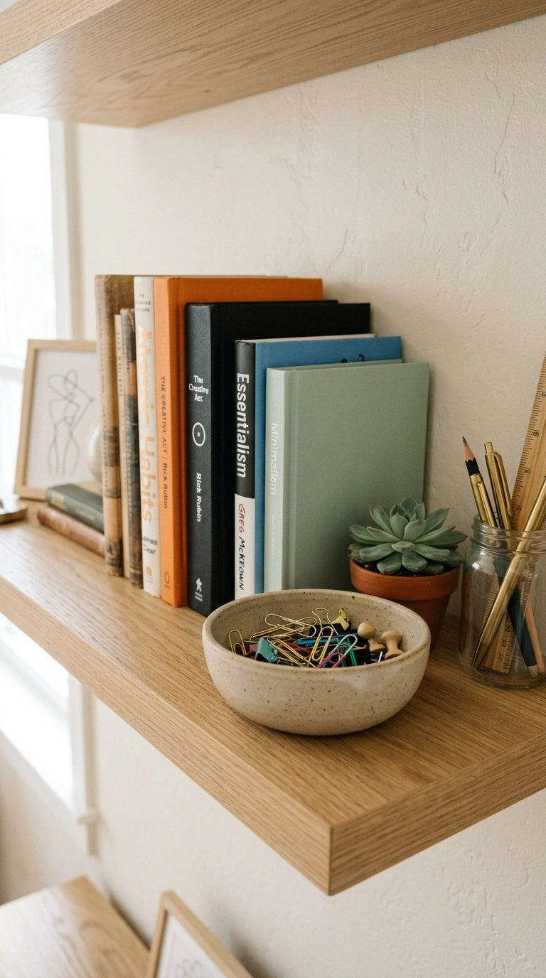 Office Shelf Styling Tips: 12 Easy Ideas 9 008 Use A Ceramic Bowl A home office shelf with a simp