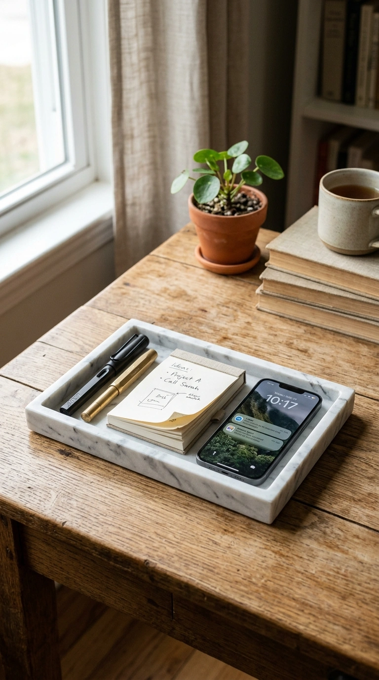 19 Classy Desk Setups That Make Small Workspaces Feel Special 9 008 Use a Tray Organizer A small marble tray on a wood