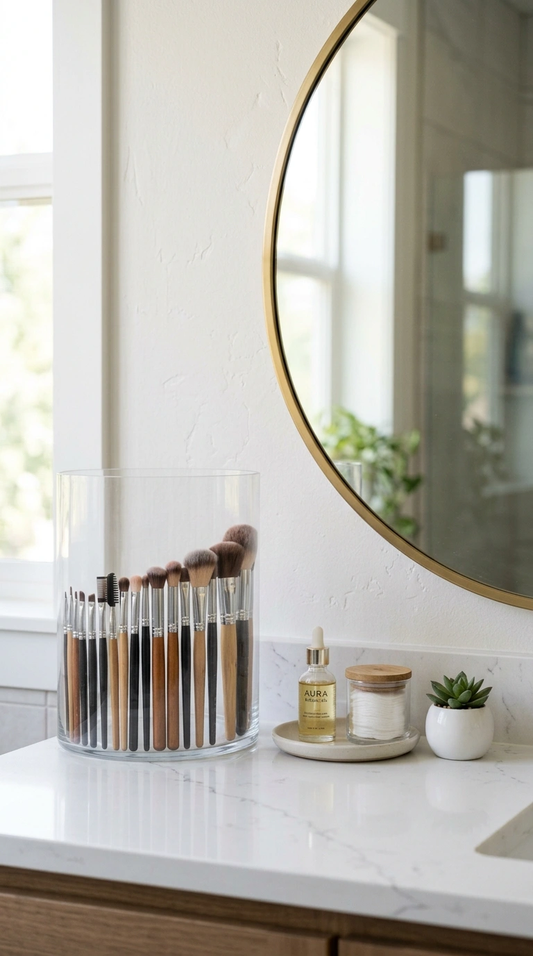 008 Vertical Brush Holder A bathroom vanity with a cle