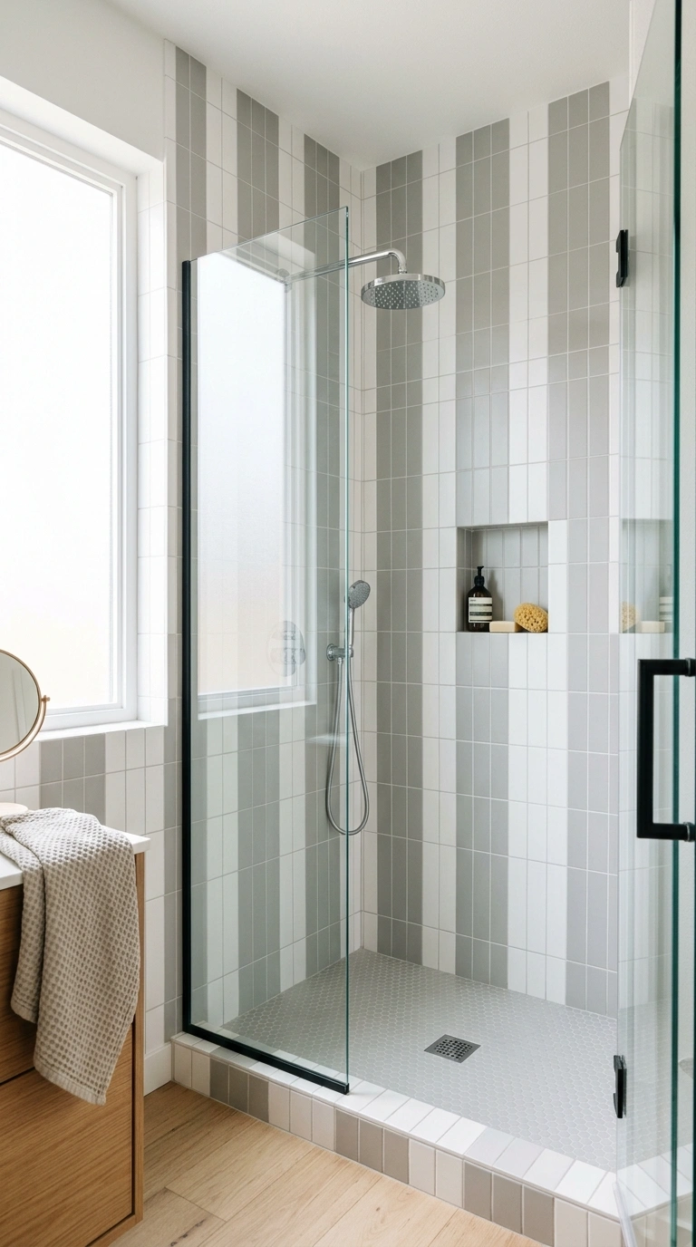 008 Vertical Tile Stripes A small shower with white an