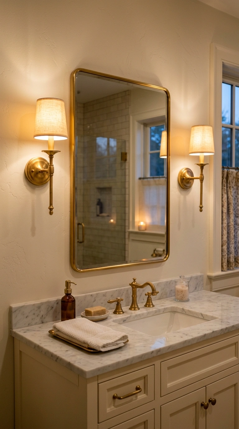 008 Warm Wall Sconces A bathroom vanity mirror flanked