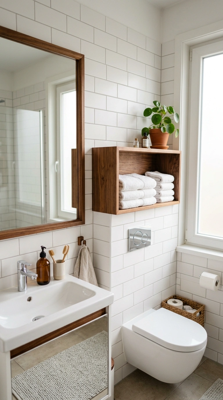 008 Warm Wood Accents A white bathroom with a walnut w