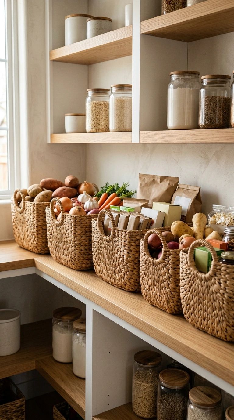 008 Wicker Basket Rows A pantry shelf with a row of ma
