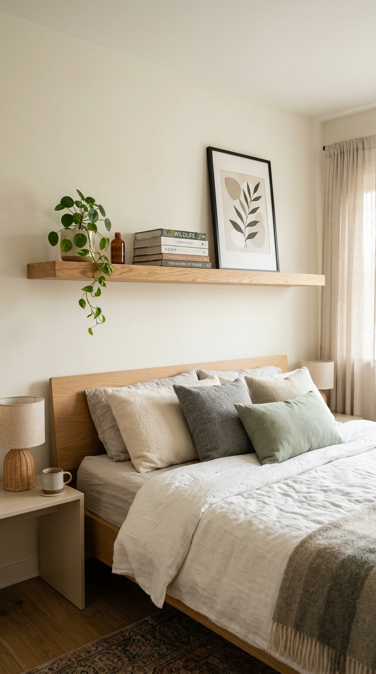 What to Put Above Your Bed: 20 Wall Decor Ideas 9 008 Wide Wood Shelf A bed with a long wood floating sh