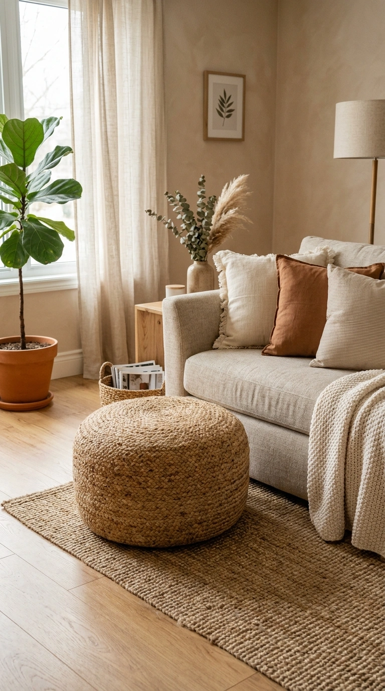 008 Woven Pouf Ottoman A round woven jute pouf placed