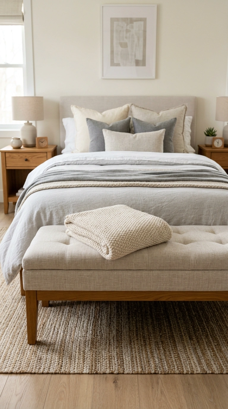 Master Bedroom Styling Tips From 14 Real Rooms 10 009 Bench At Foot A neutral bedroom with an upholstere