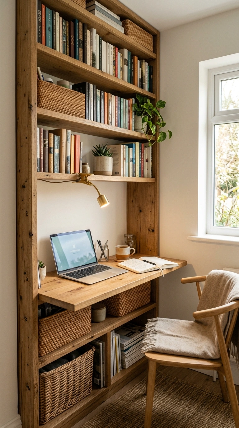 13 Cozy Office Corners for Small Homes 10 009 Bookshelf Desk Nook A tall wooden bookshelf with o