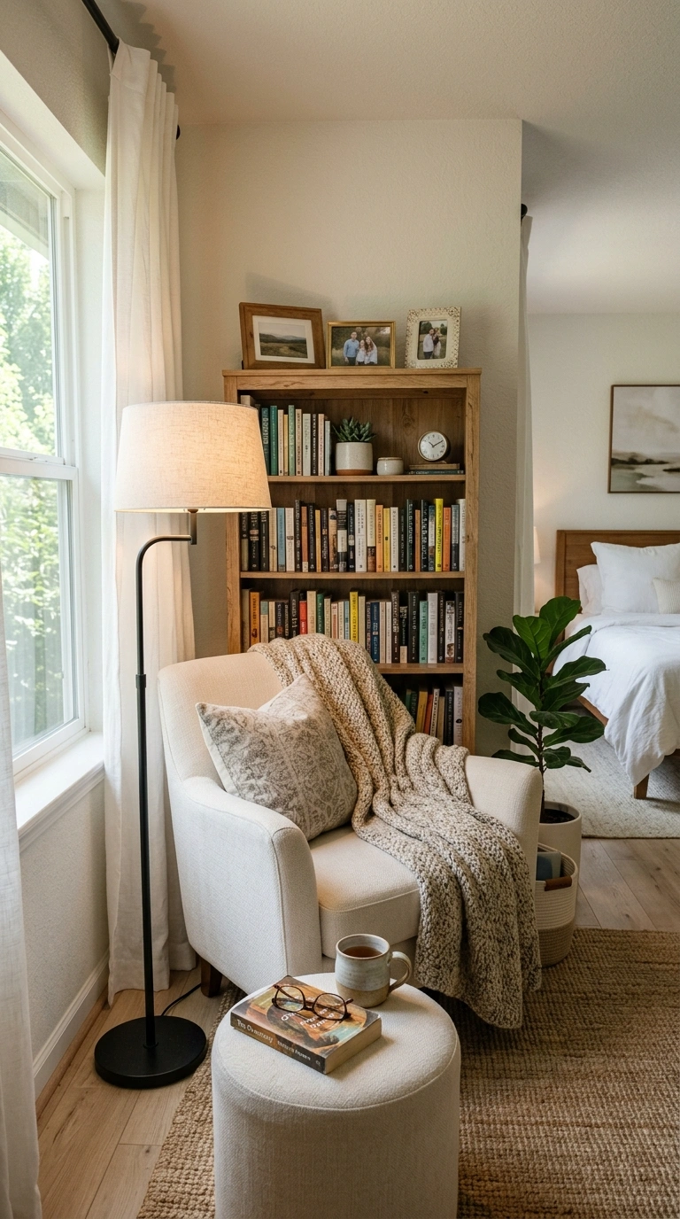23 Cozy Bedroom Corner Ideas You'll Love 10 009 Bookshelf Reading Nook A bedroom corner with a sma