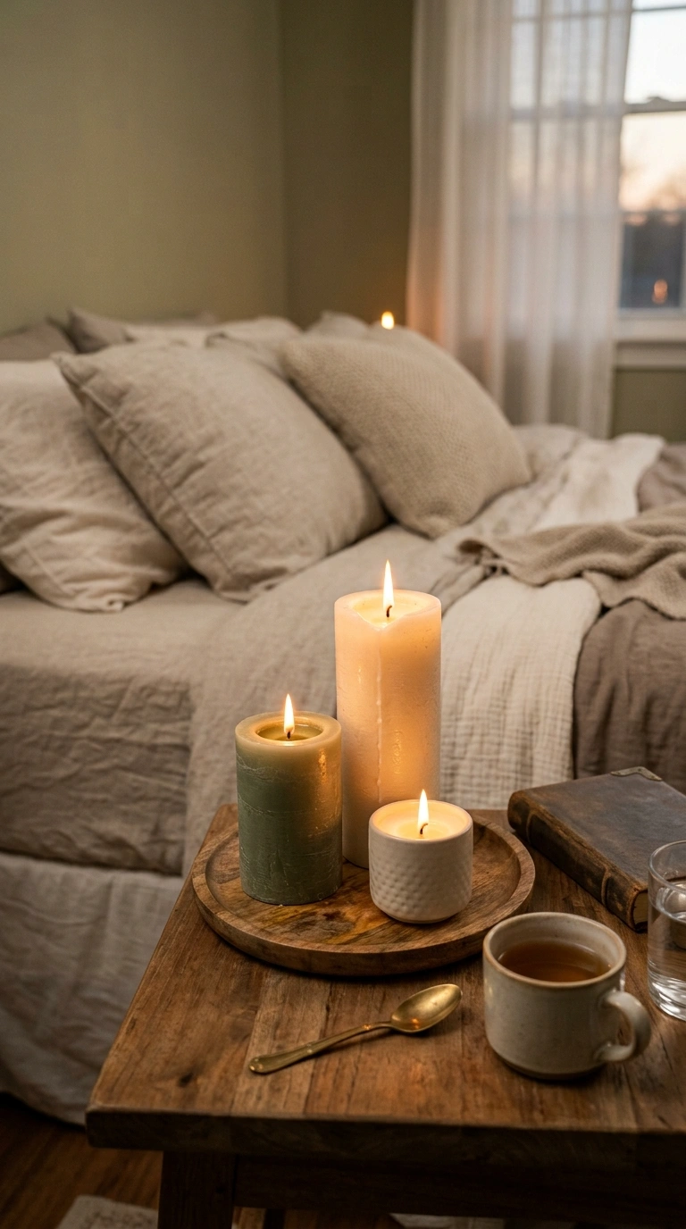 Nightstand Styling 101: 12 Looks to Try 10 009 Candle Cluster Glow A bedroom nightstand with thre