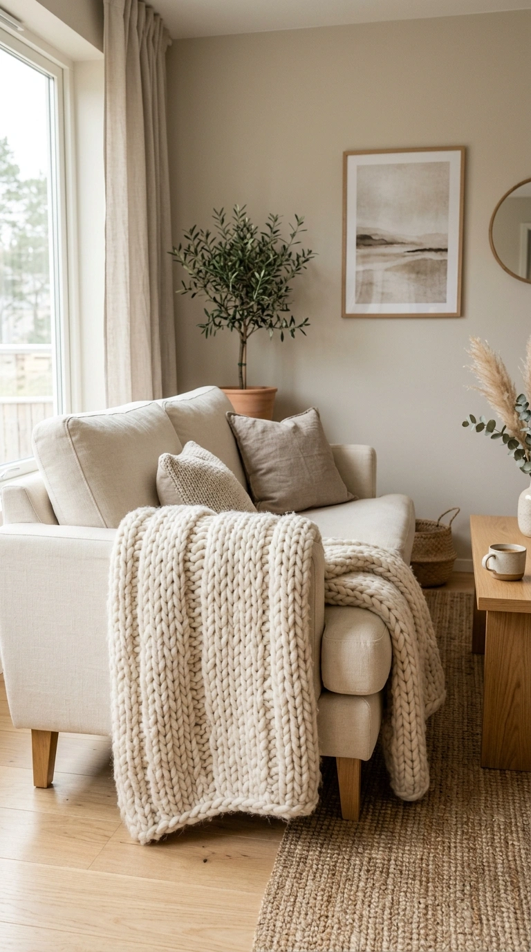 009 Chunky Knit Throws A cream sofa in a neutral livin