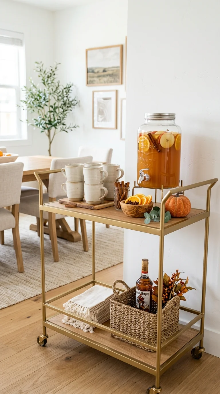 Cozy Fall Decor Ideas for Every Room (21 Picks) 10 009 Cider Bar Cart A gold and wood rolling bar cart in