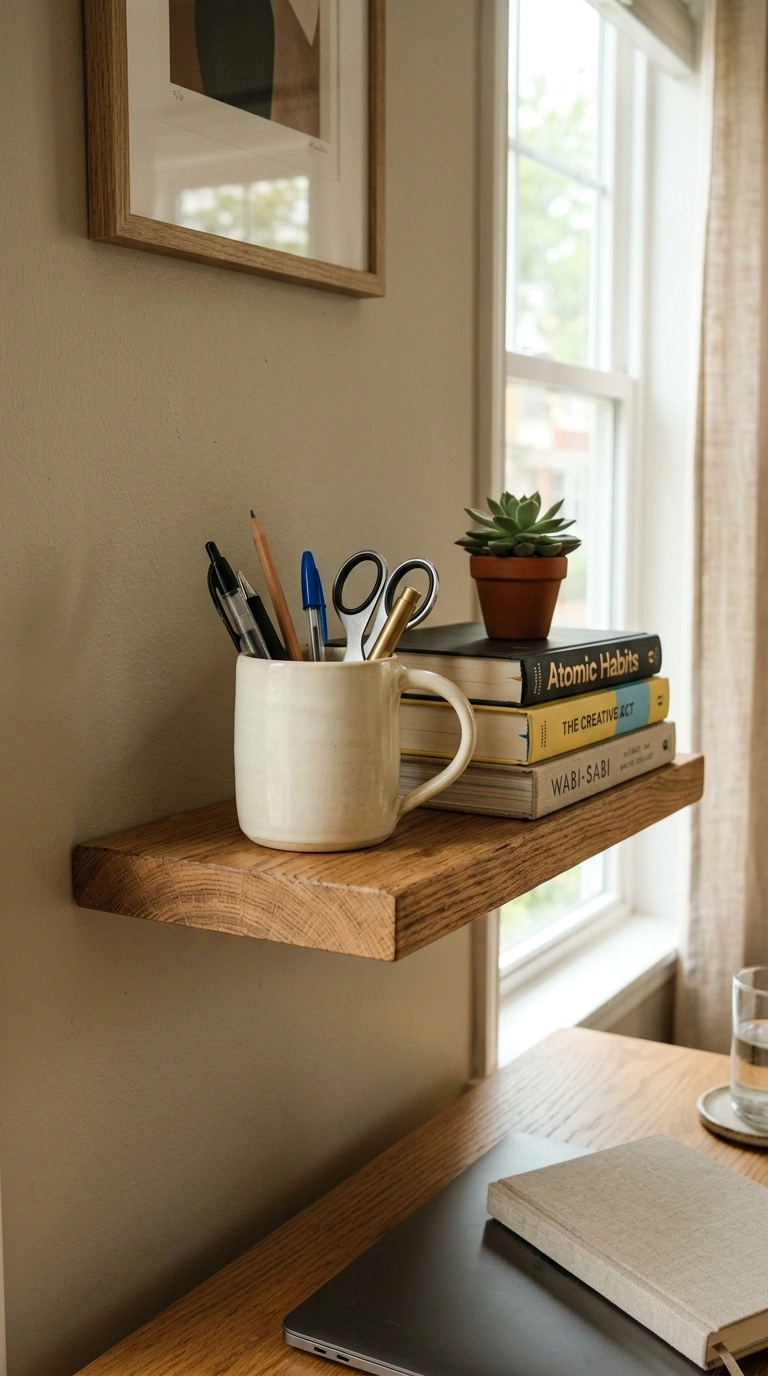 Office Shelf Styling Tips: 12 Easy Ideas 10 009 Display A Favorite Mug A wooden shelf near a desk