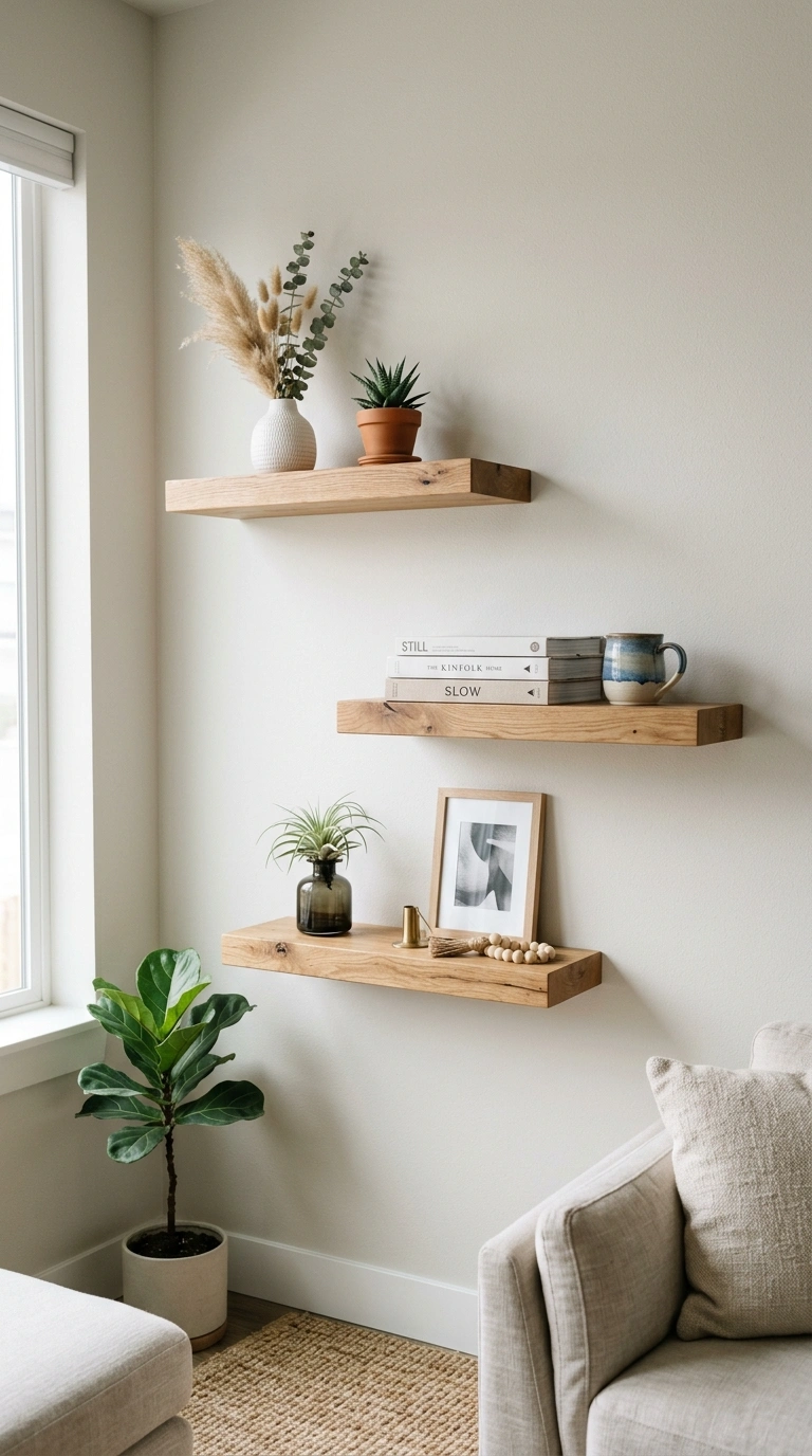 Living Room Shelves Styled Right: 19 Ideas 10 009 Floating Shelf Trio Three wooden floating shelves
