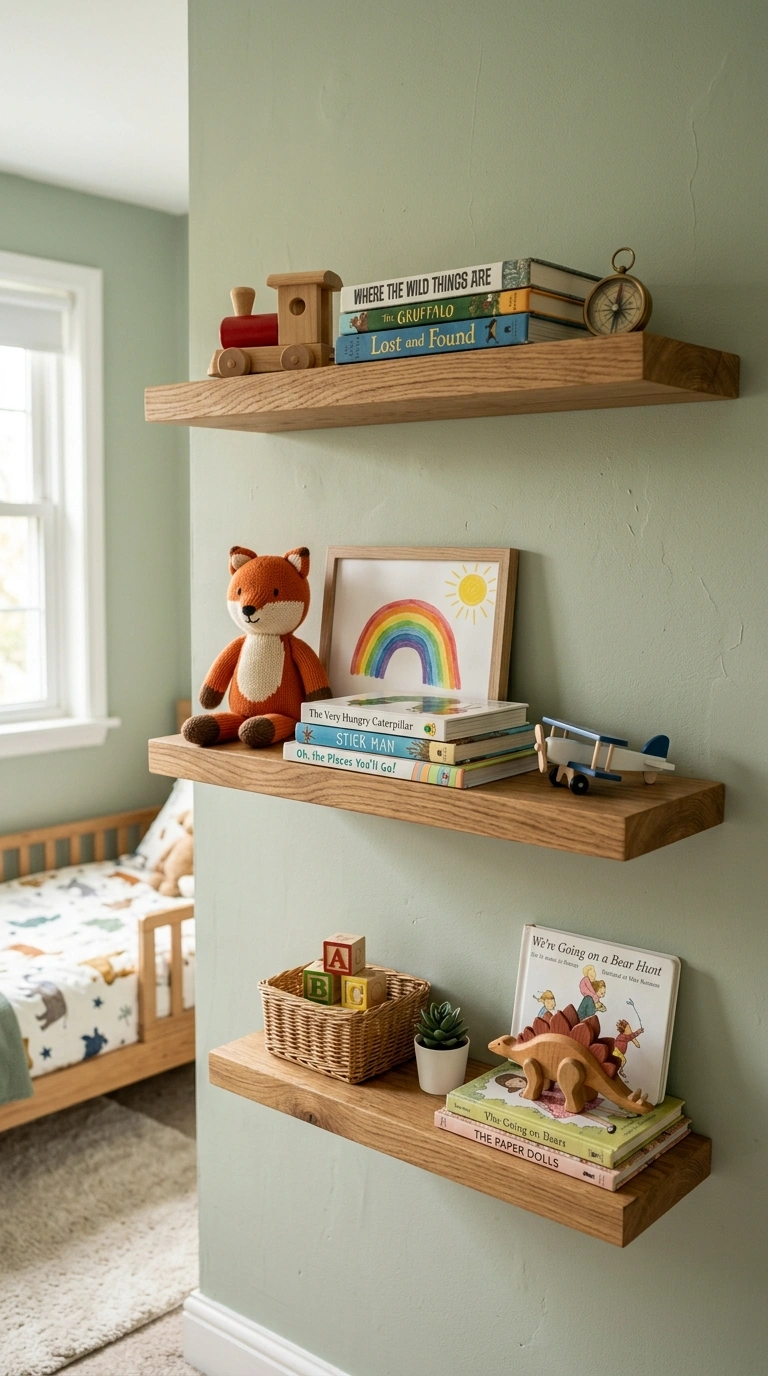 Kids Bedroom Storage That Actually Gets Used (17 Ideas) 10 009 Floating Wall Shelves A kids bedroom wall with thr