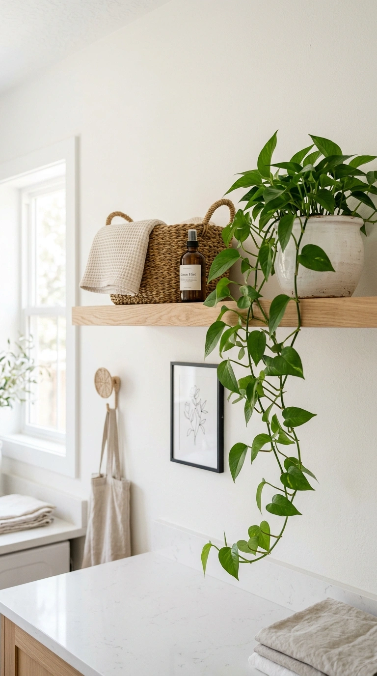 Laundry Shelves Styled Beautifully (13 Ideas) 10 009 Greenery On Shelves A light wood laundry shelf sty