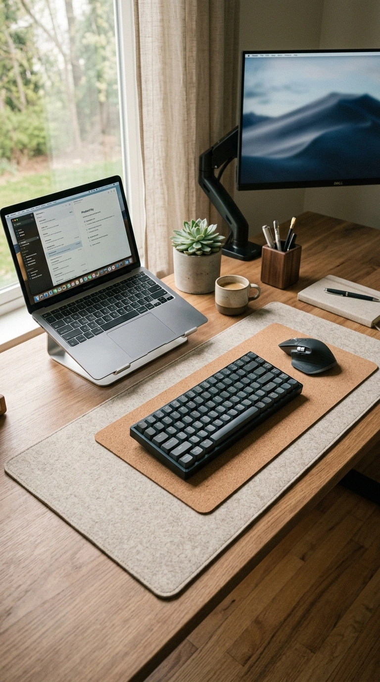 009 Layered Desk Mats A close and wide desk shot showi