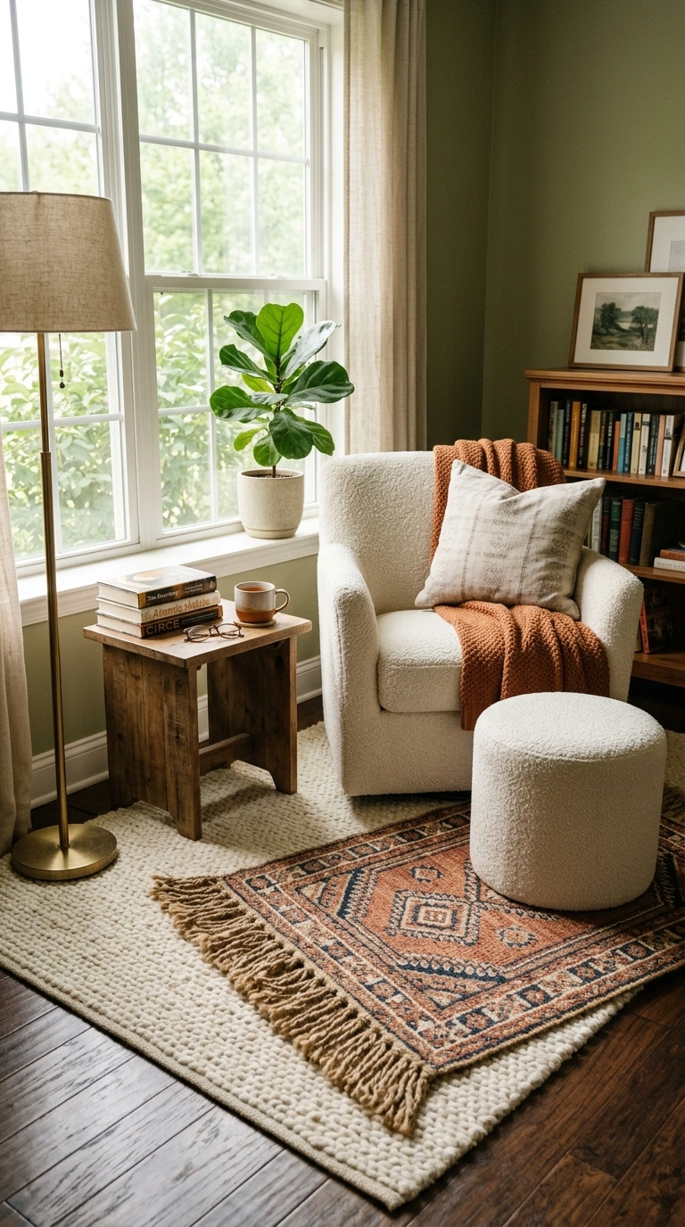 Layering Rugs the Right Way (12 Ideas) 10 009 Layered Rugs by Reading Nook A cozy nook with a pl