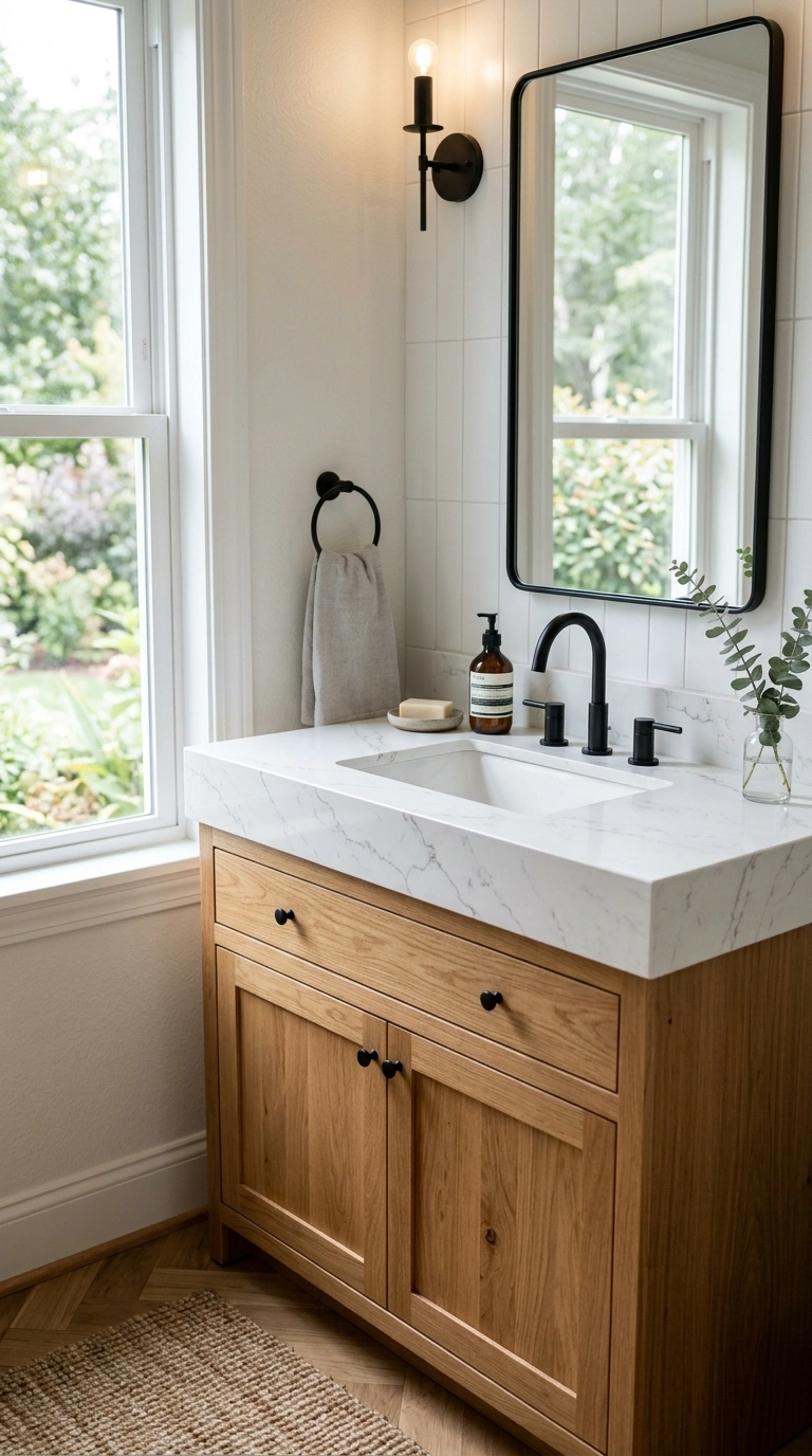 009 Marble Look Countertops A bathroom vanity with a w