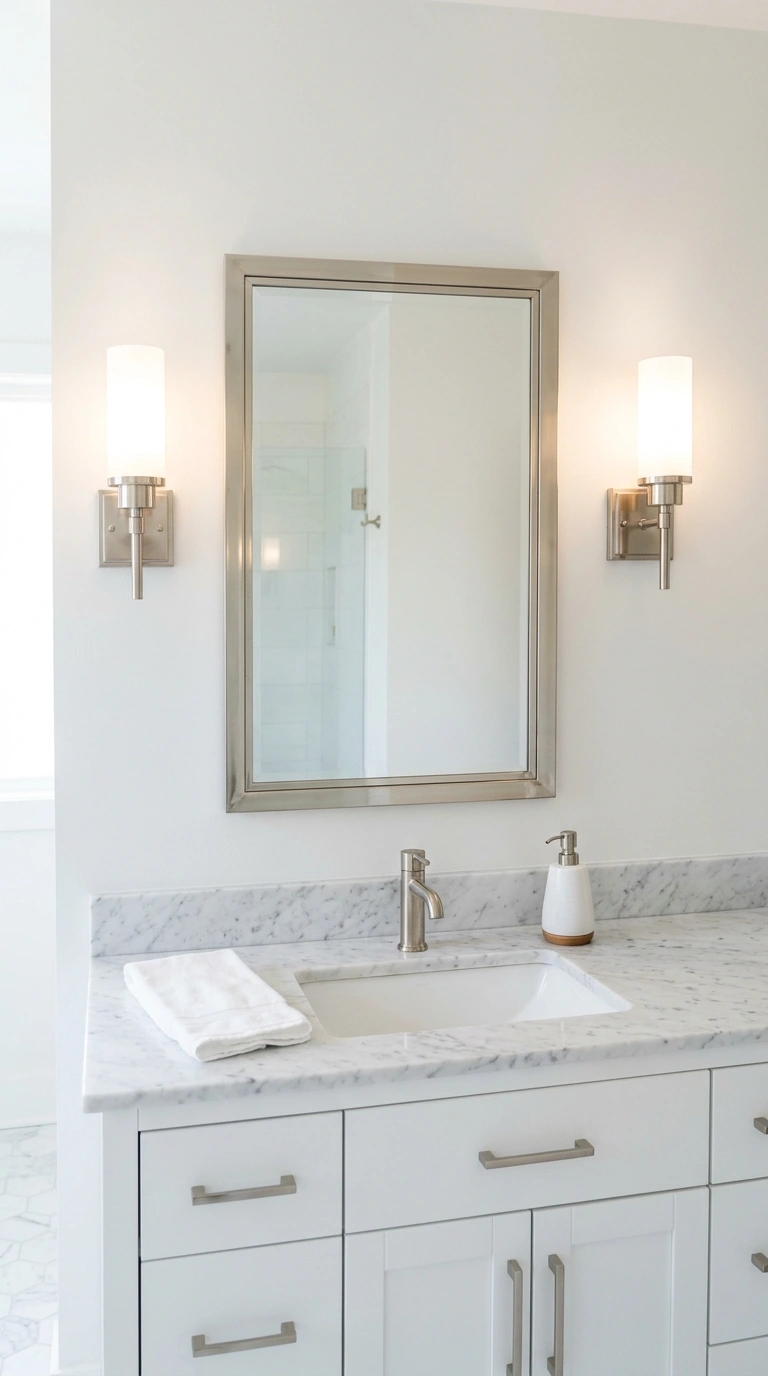 009 Mirror And Sconces A bathroom vanity with a rectan
