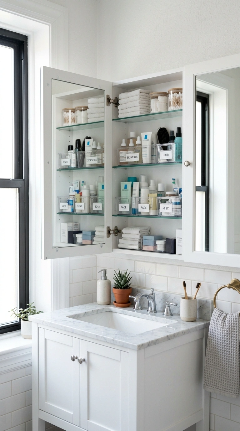 009 Mirror Cabinet Storage A bathroom vanity with an o