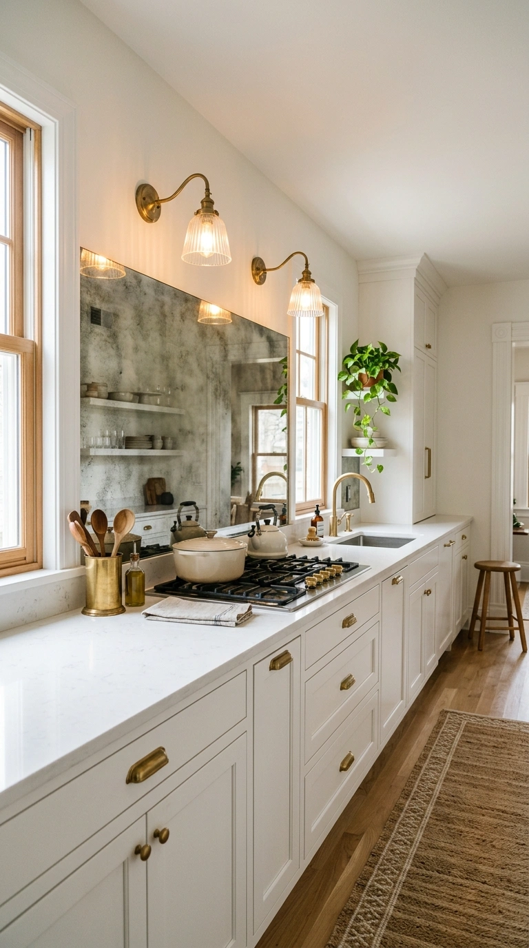 009 Mirrored Glass Panels A bright galley kitchen with