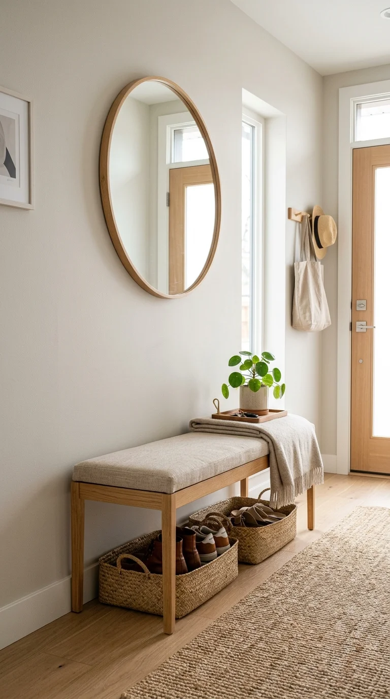 Your Tiny Hallway Deserves This Glow-Up: 20 Ideas to Try 10 009 Narrow Bench Seat A slim wooden bench with a beige