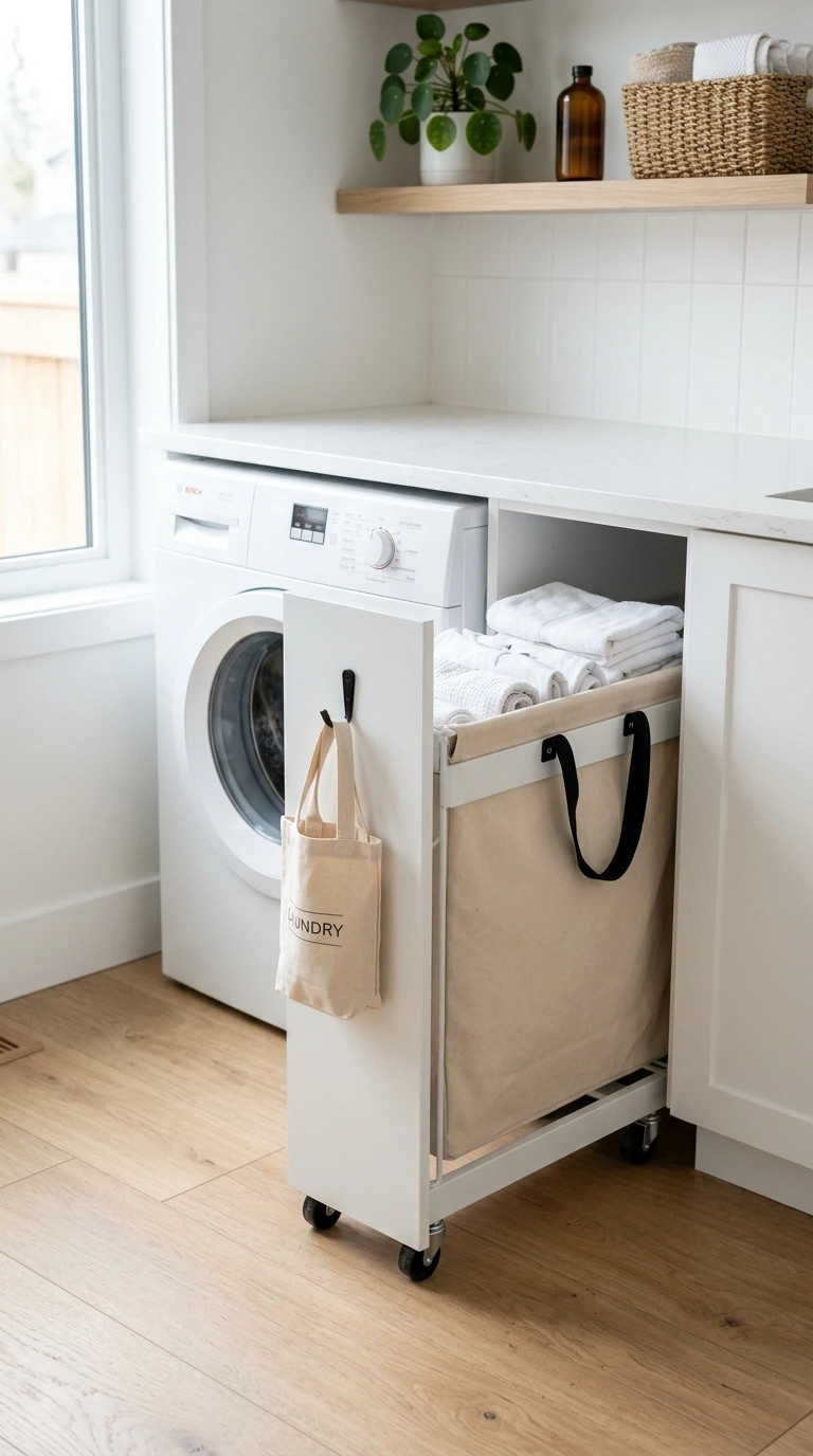 Laundry Closet Storage for Tiny Spaces (11 Ideas) 10 009 Pull Out Hamper A slim white pull out hamper with