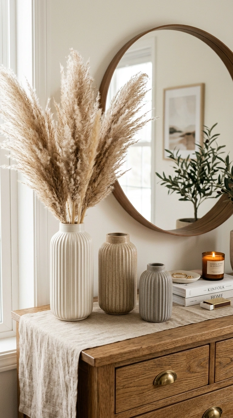 Neutral Bedrooms That Never Go Out of Style (15 Ideas) 10 009 Ribbed Ceramic Vases A dresser top styled with thr