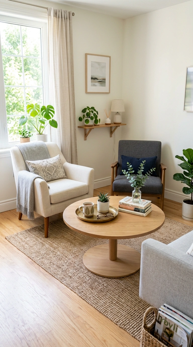 Small Living Room Layouts That Actually Work (22 Ideas) 10 009 Round Table Center A small living room with a roun 2