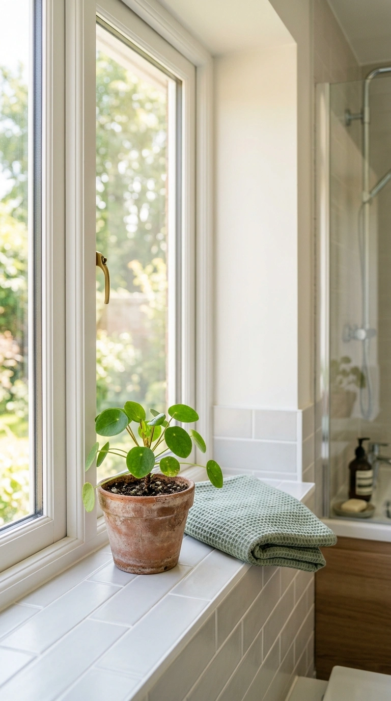 009 Small Potted Plant A bathroom windowsill with a sm