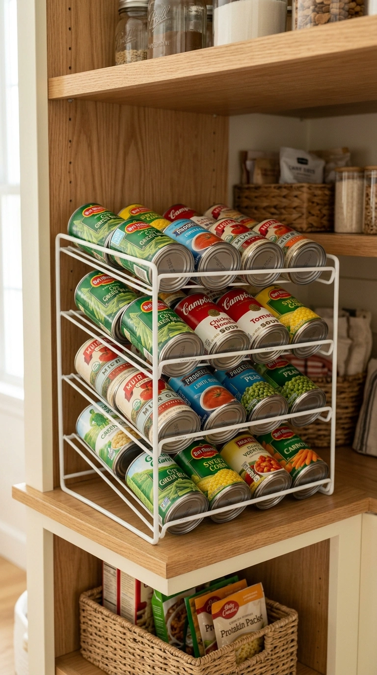 Counter Clutter Gone: 17 Kitchen Organization Ideas 10 009 Stackable Can Shelves A pantry cabinet shelf with