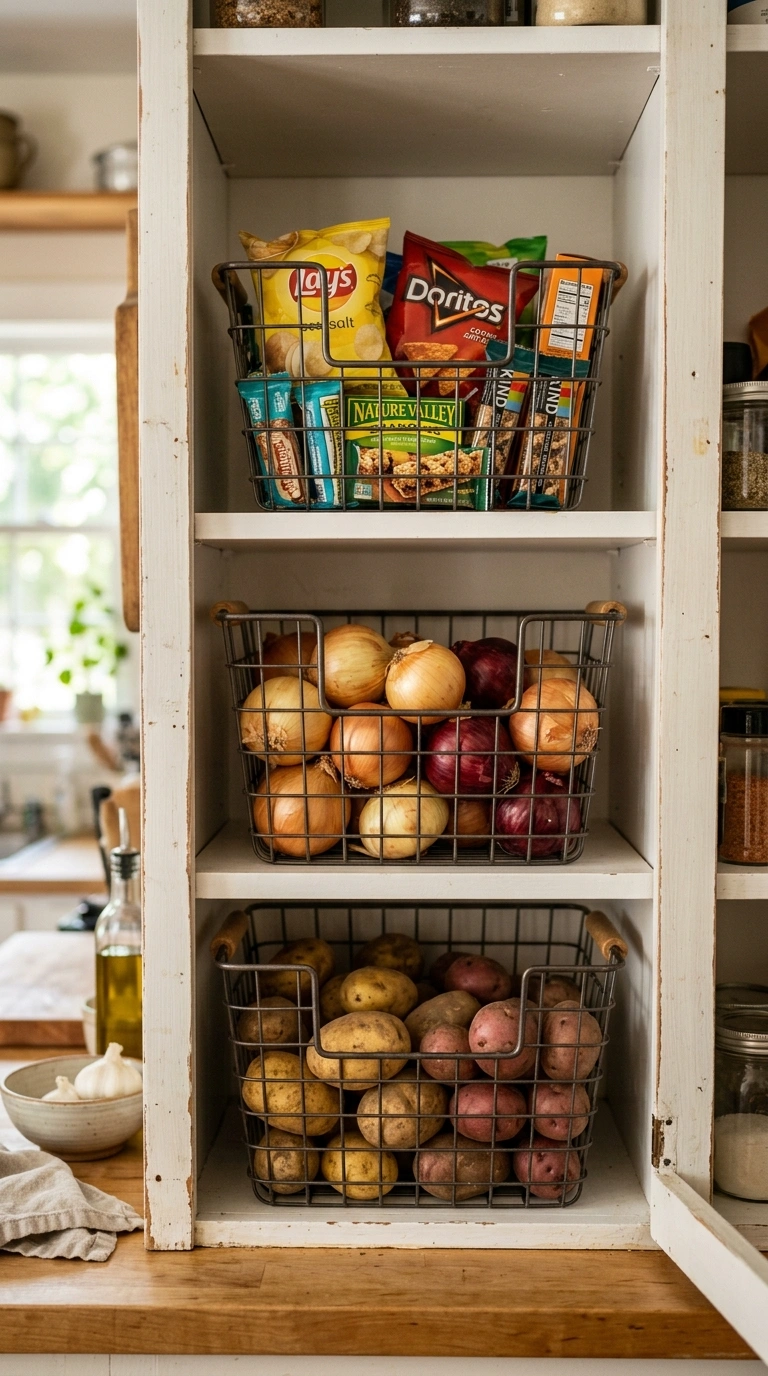 009 Stacked Wire Baskets An open kitchen cabinet showi