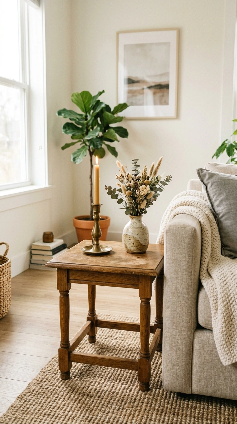 Living Room Refresh on a Budget (13 Ideas) 10 009 Try Thrifted Finds A small solid wood side table w