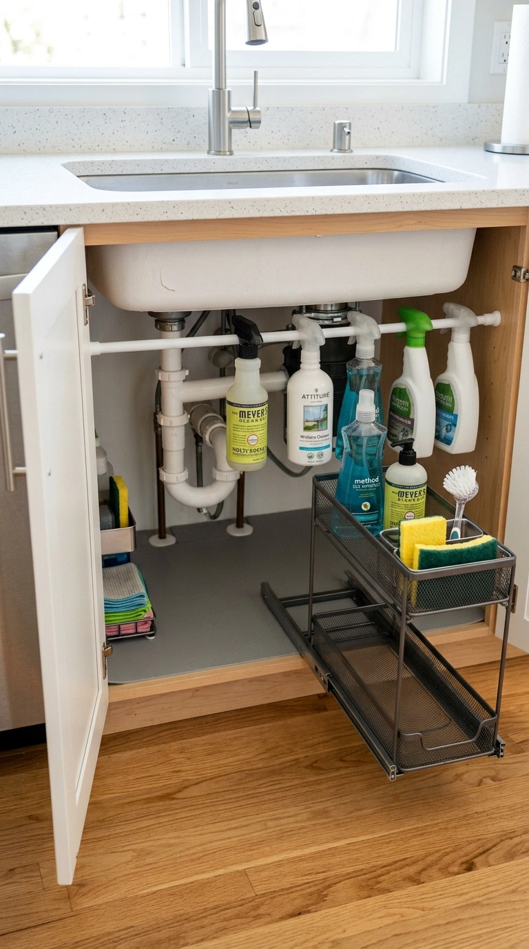 Cabinet Organization Hacks You'll Wish You Knew Sooner (18 Ideas) 10 009 Under Sink Caddies An open cabinet under a kitchen
