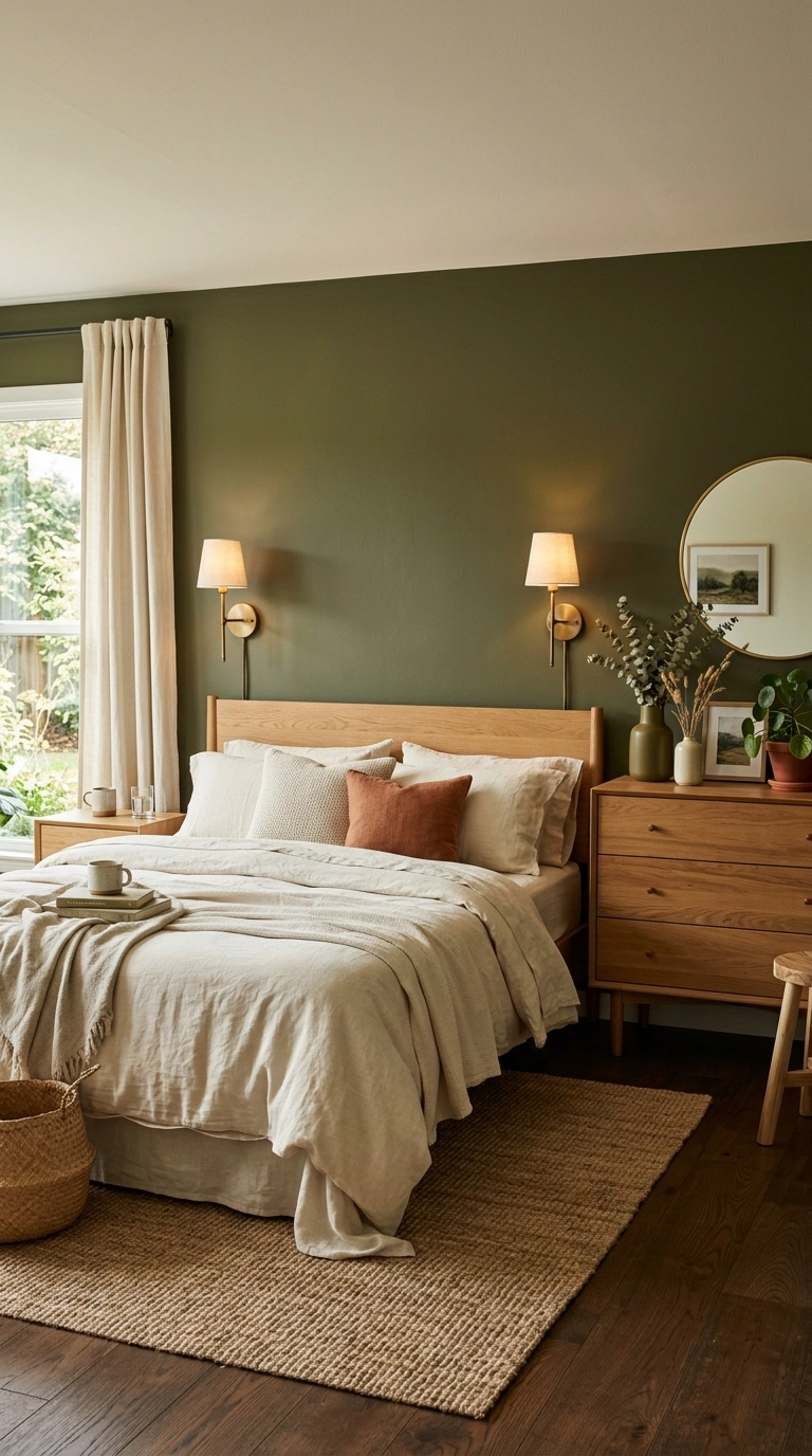 009 Warm Olive Green A bedroom with olive green walls