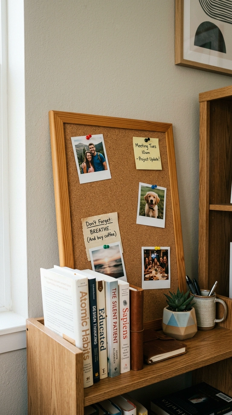 Office Shelf Styling Tips: 12 Easy Ideas 11 010 Add A Cork Board A small wood framed cork board le