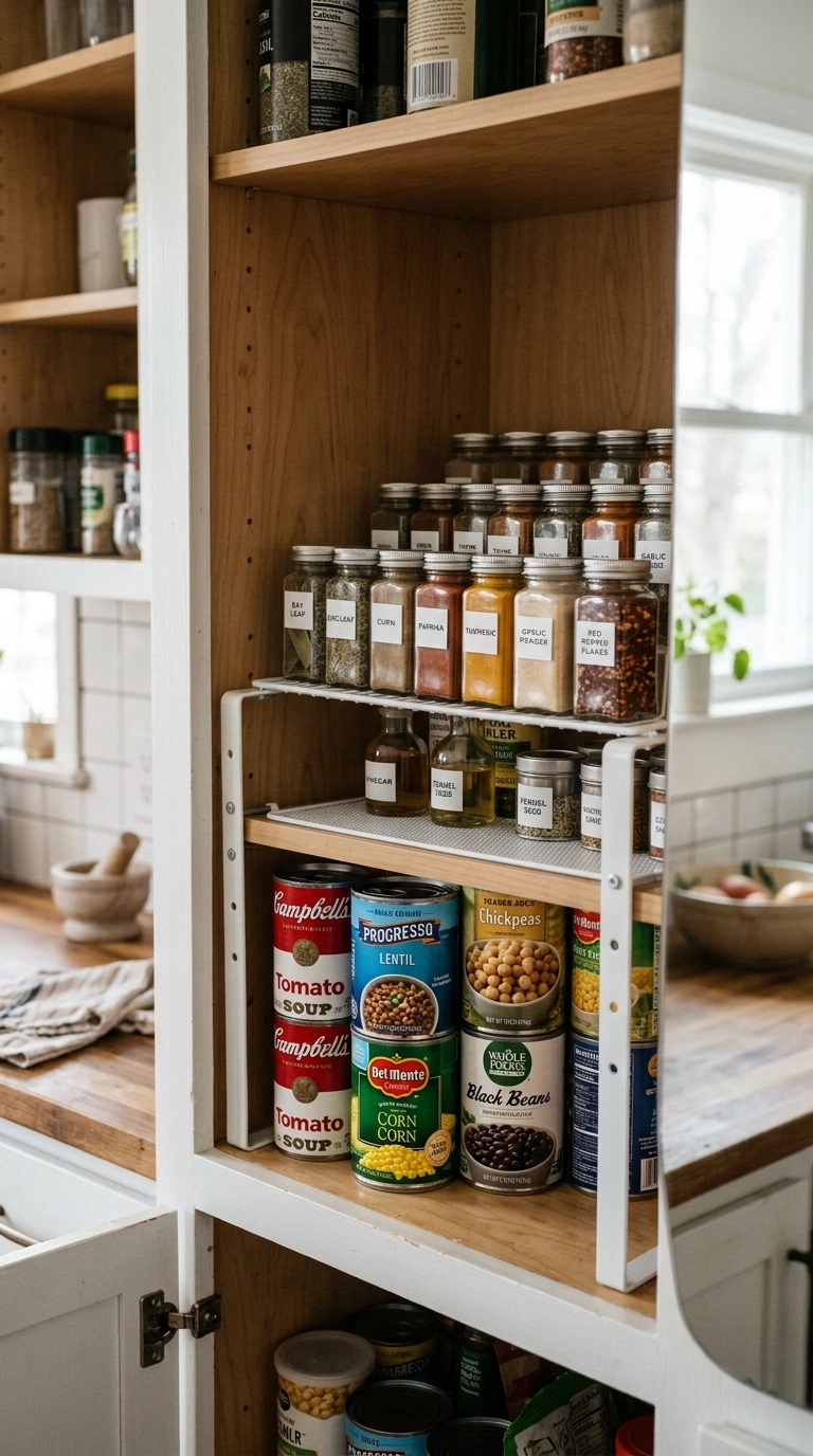 Cabinet Organization Hacks You'll Wish You Knew Sooner (18 Ideas) 11 010 Adjustable Shelf Risers An open cabinet with a whi
