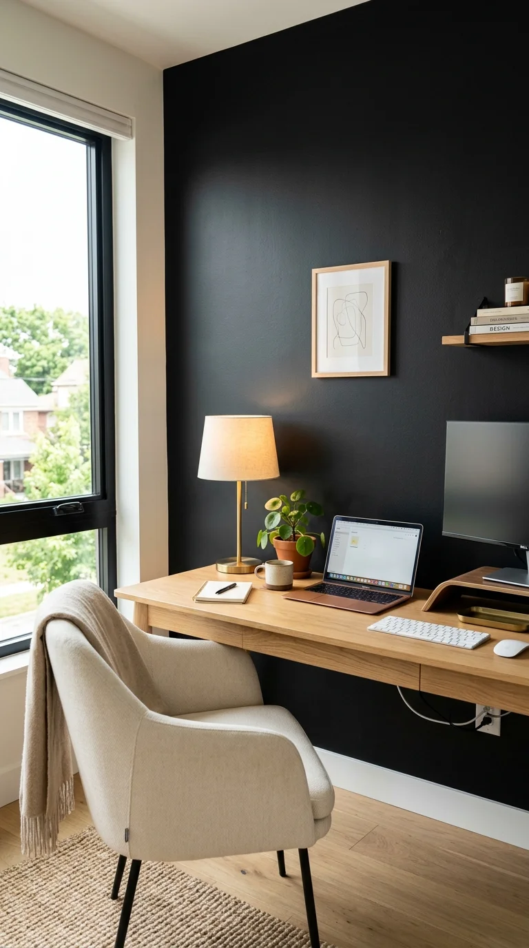 20 Hottest Black Accent Wall Ideas Taking Over Home Decor 11 010 Black Home Office Wall A clean modern home office