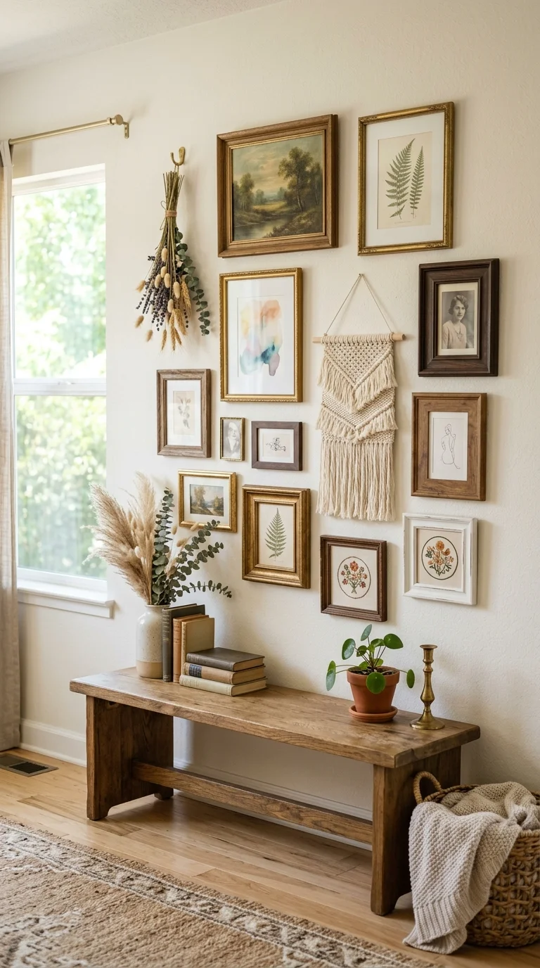 23 Budget Boho Living Rooms That Look Anything But Cheap 11 010 Boho Gallery Wall A living room wall with a mixed