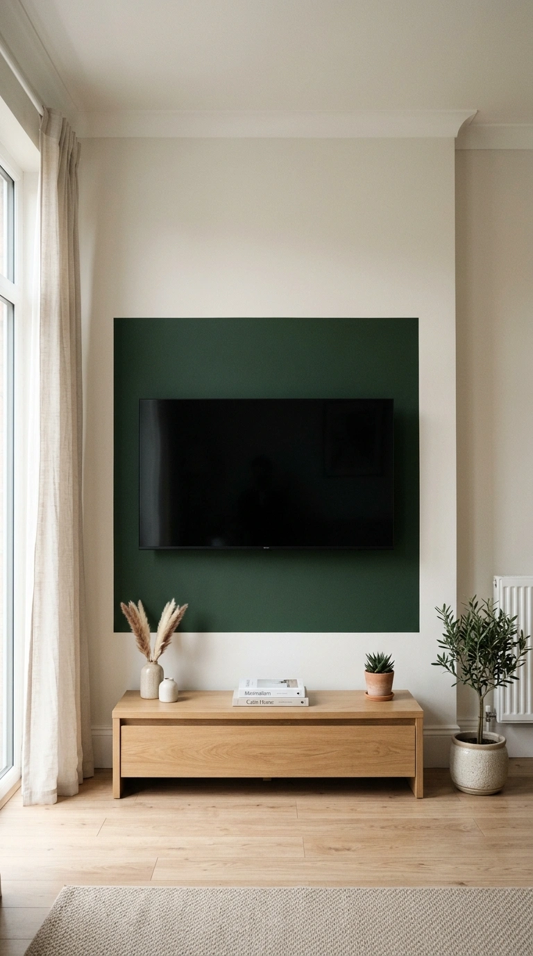 TV Wall Ideas That Don't Look Like an Afterthought (18 Picks) 11 010 Bold Paint Block A living room wall with a deep gr