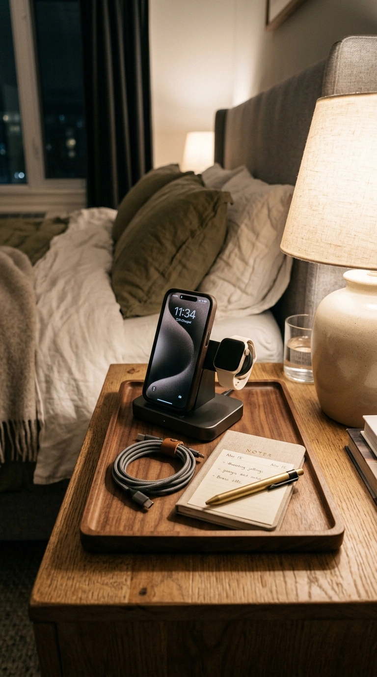 Setting Up a Guest Bedroom? Start Here (13 Essentials) 11 010 Charging Station A nightstand tray holding a charg