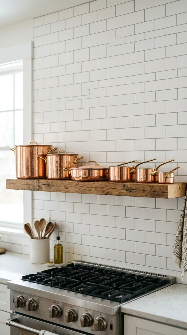 010 Copper Pot Display An open wood shelf near a kitch