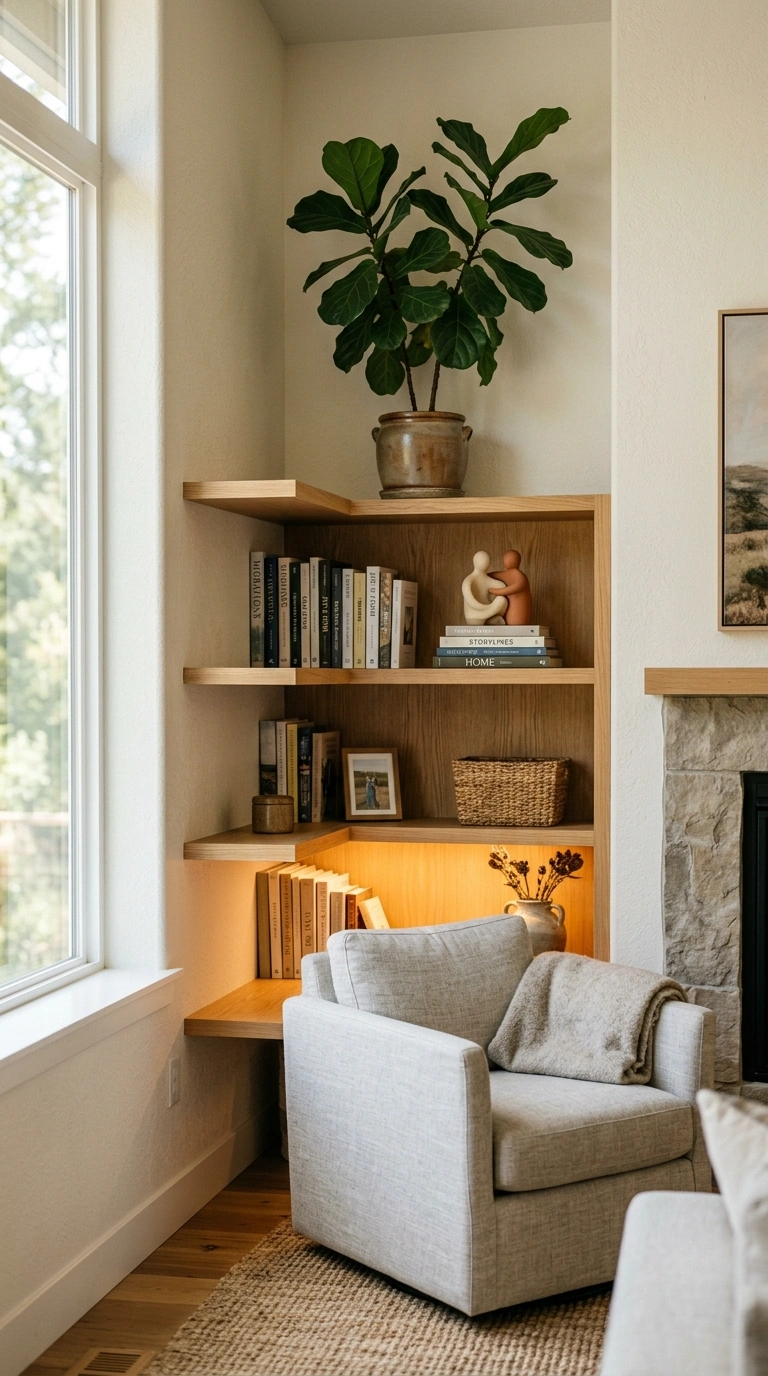 Living Room Shelves Styled Right: 19 Ideas 11 010 Corner Shelf Nook A corner shelving unit in a livi