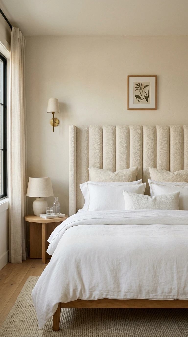 Neutral Bedrooms That Never Go Out of Style (15 Ideas) 11 010 Cream Upholstered Headboard A bed with a tall chan