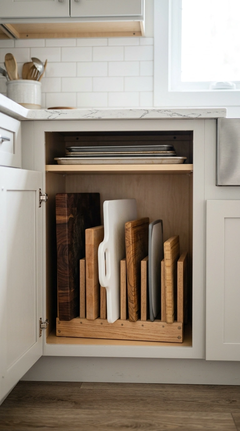 Counter Clutter Gone: 17 Kitchen Organization Ideas 11 010 Cutting Board Slots An open lower kitchen cabinet