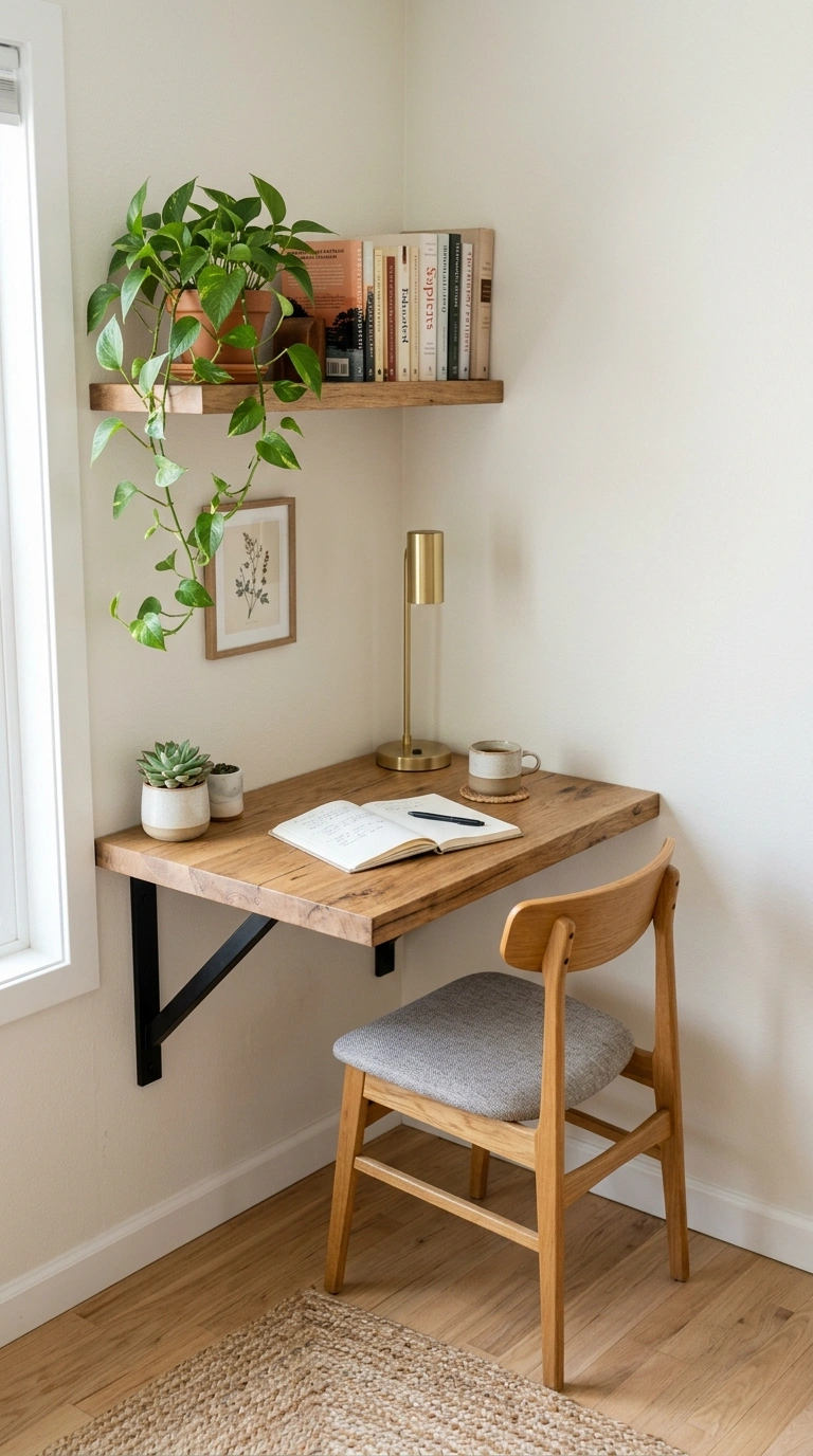 13 Cozy Office Corners for Small Homes 11 010 Floating Corner Shelf Desk A floating wooden desk