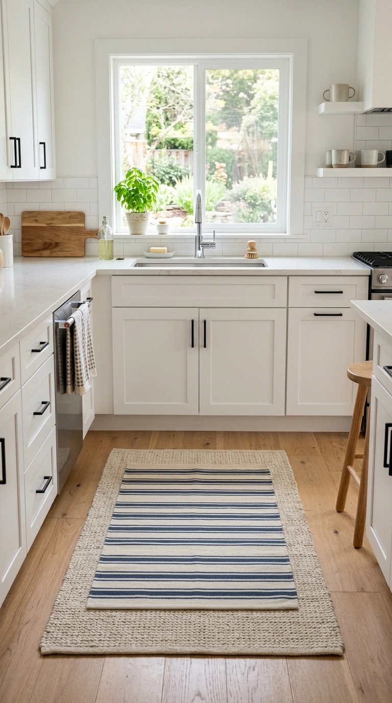 Layering Rugs the Right Way (12 Ideas) 11 010 Kitchen Rug Layering A bright kitchen with a neutr