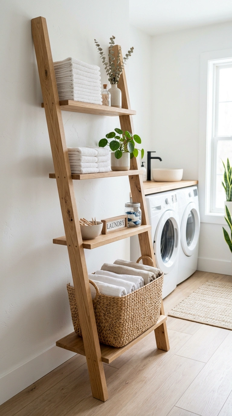 Laundry Shelves Styled Beautifully (13 Ideas) 11 010 Ladder Shelf Idea A wood ladder style shelf leanin