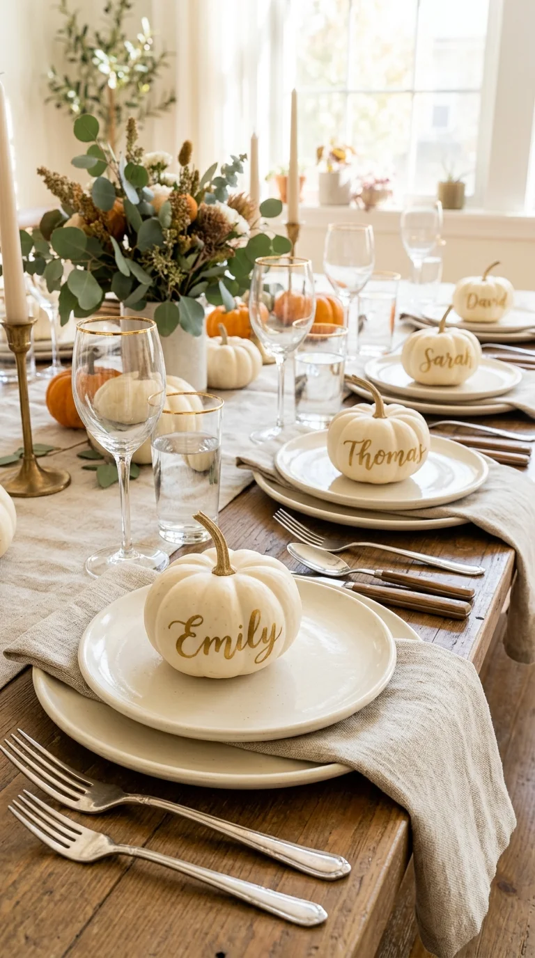 010 Mini Pumpkin Place Cards A dining table with a sma